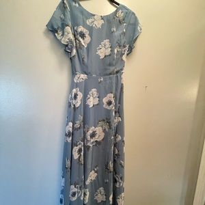 Slate Blue Floral Dress - open back with a slit on leg